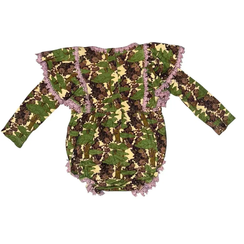 Kate Quinn Floral Forest Bubble Romper Toddler Size 18-24 Mon Ruffle Lace Bamboo